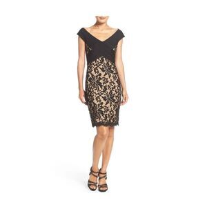 Tadashi Shoji Black Lace Nude Lined knee length Cocktail Party Sheath Dress 4P